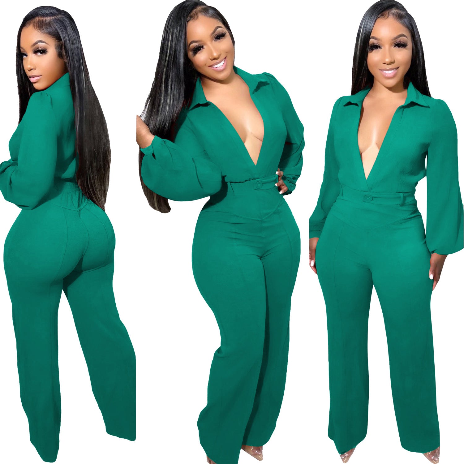 Women's Jumpsuit Sexy V-Neck Long Sleeve Tight Fitting Shirt Pants Fall Winter 10