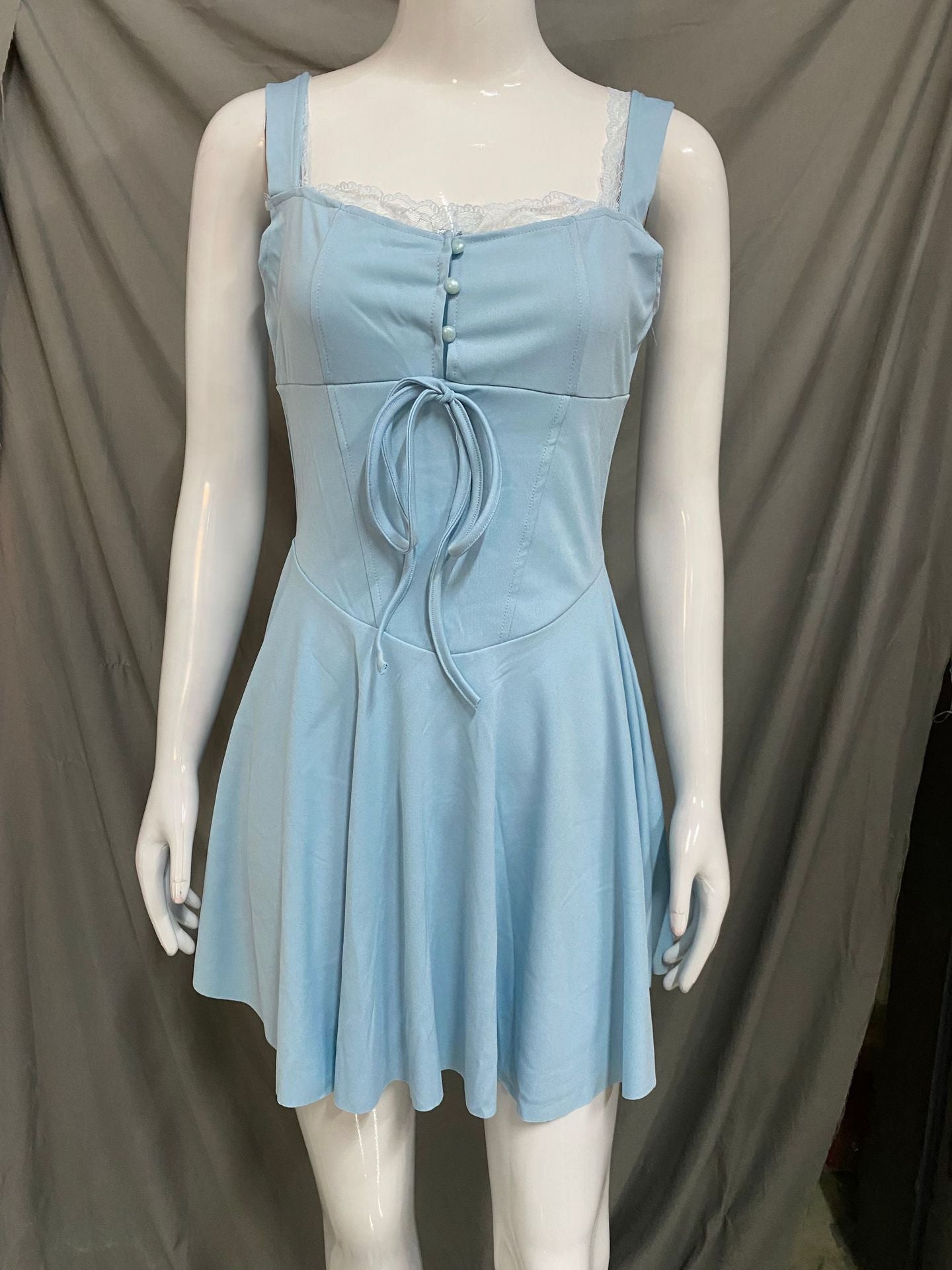 Lace Patchwork Strap Slim Low Back Puffy A-line Mini Dress 13