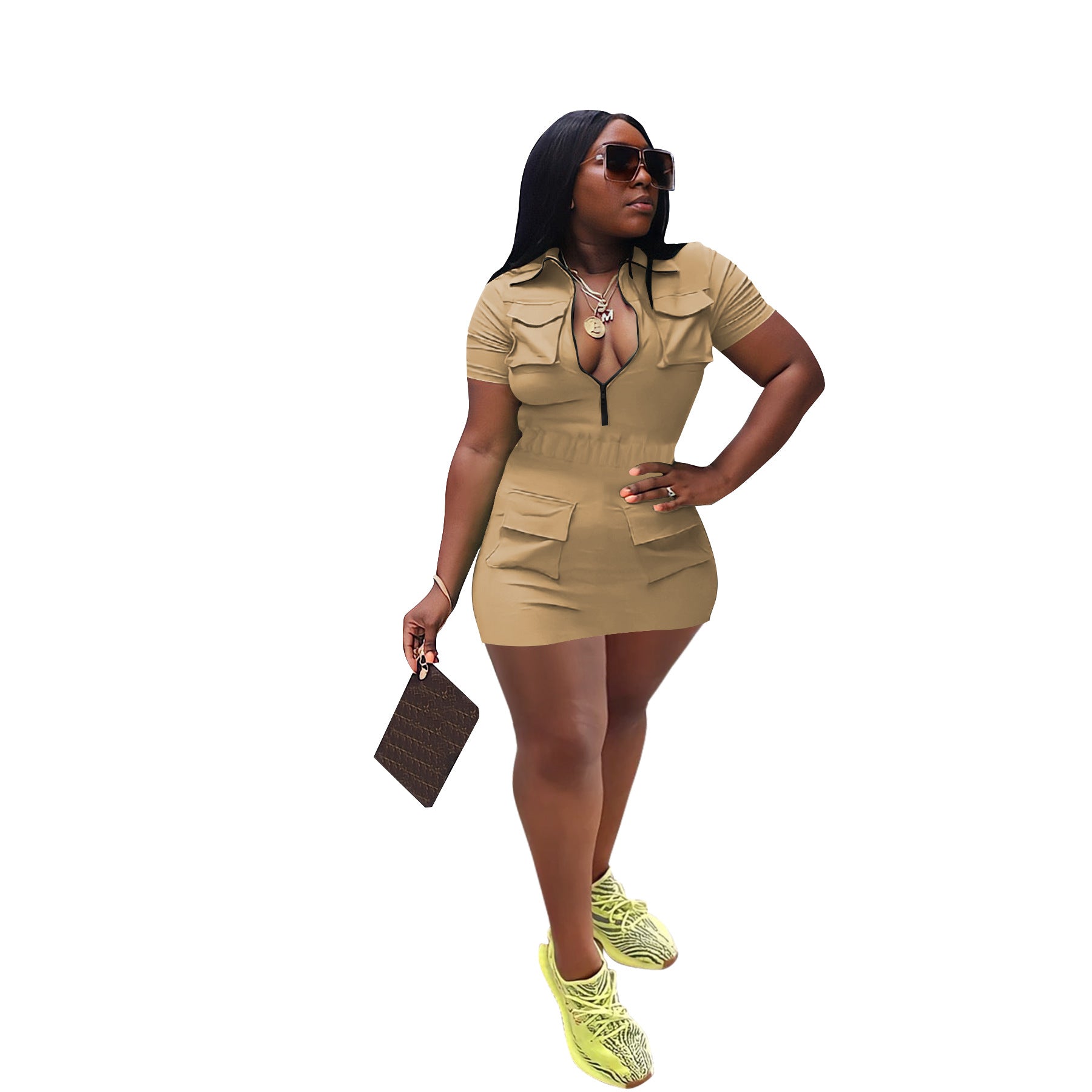 Women's Summer Fashion Zip Pocket Solid Color Dress 13
