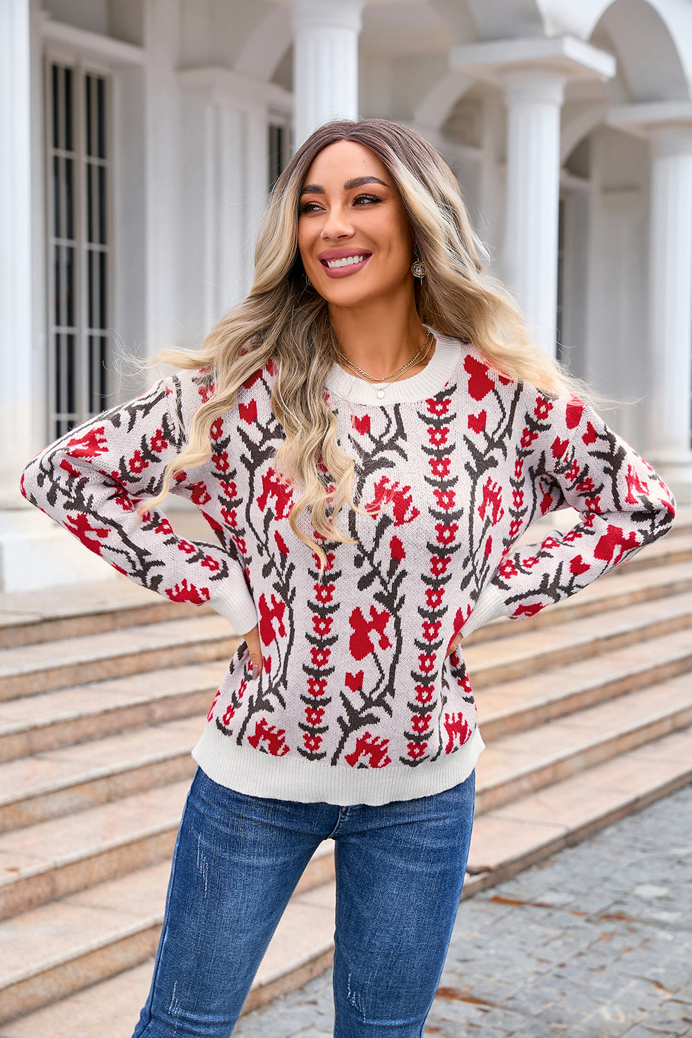 Women Jacquard Branch Round Neck Floral Sweater 23