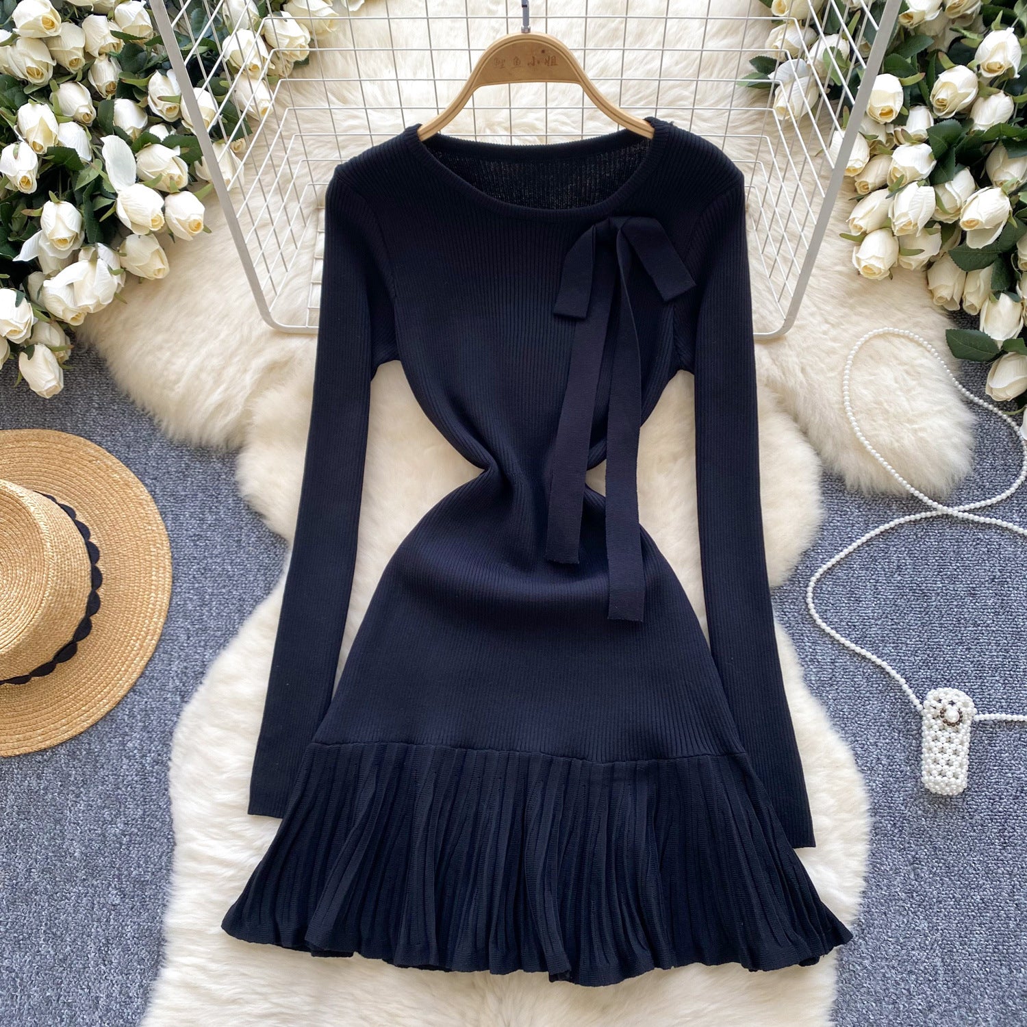 Women French knitting dress with bow and ruffles 9
