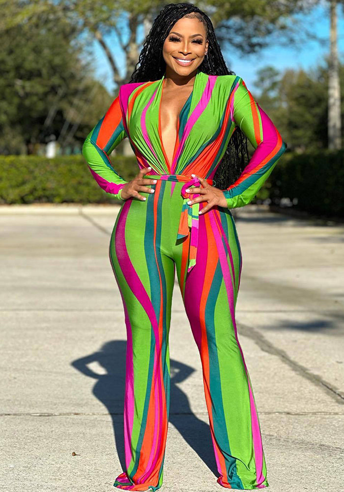 Spring and summer women's clothing Jumpsuit trendy and colorful print V-neck slim-fit long-sleeved Jumpsuit