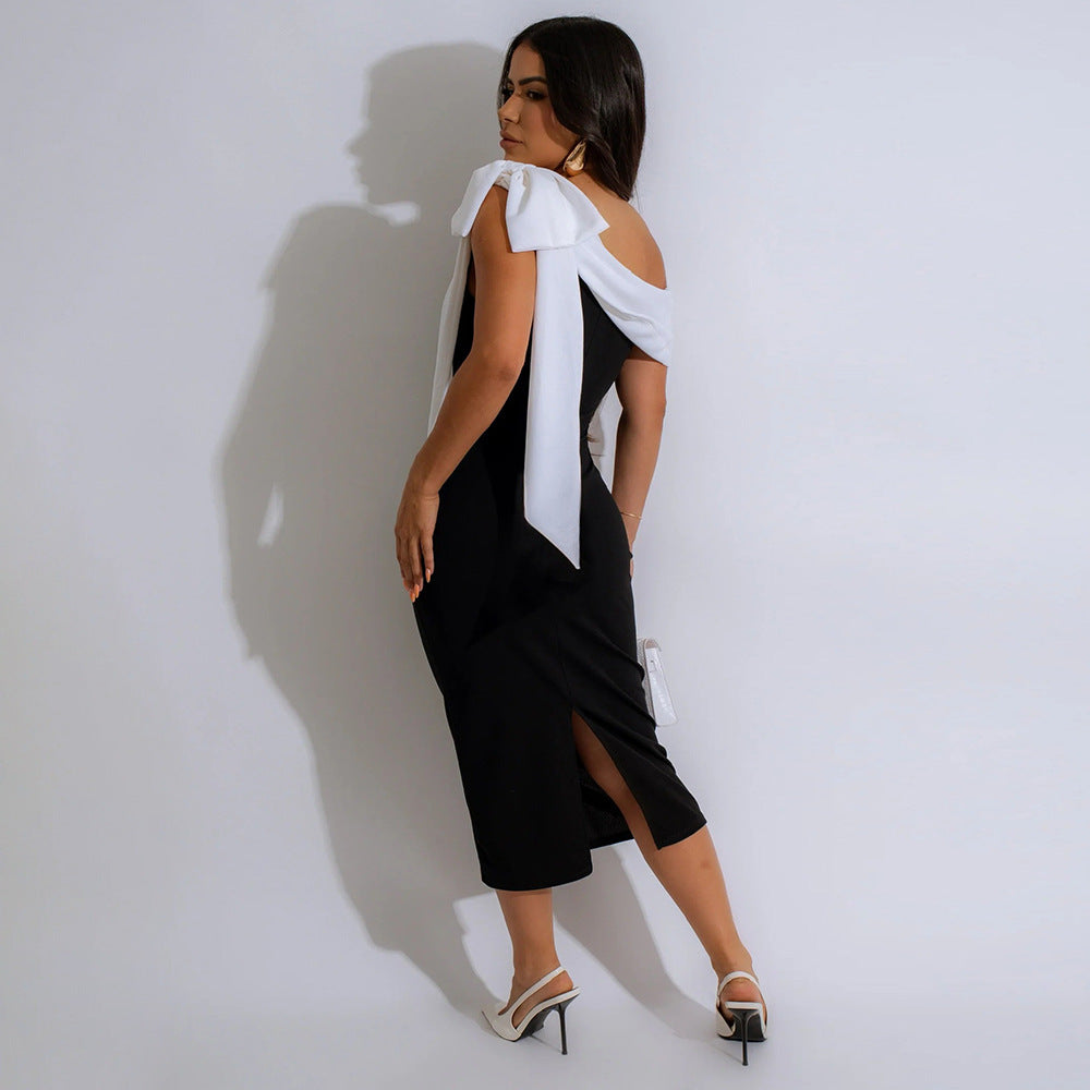 Women Off Shoulder Tie Solid Slit Sleeveless Dress 3