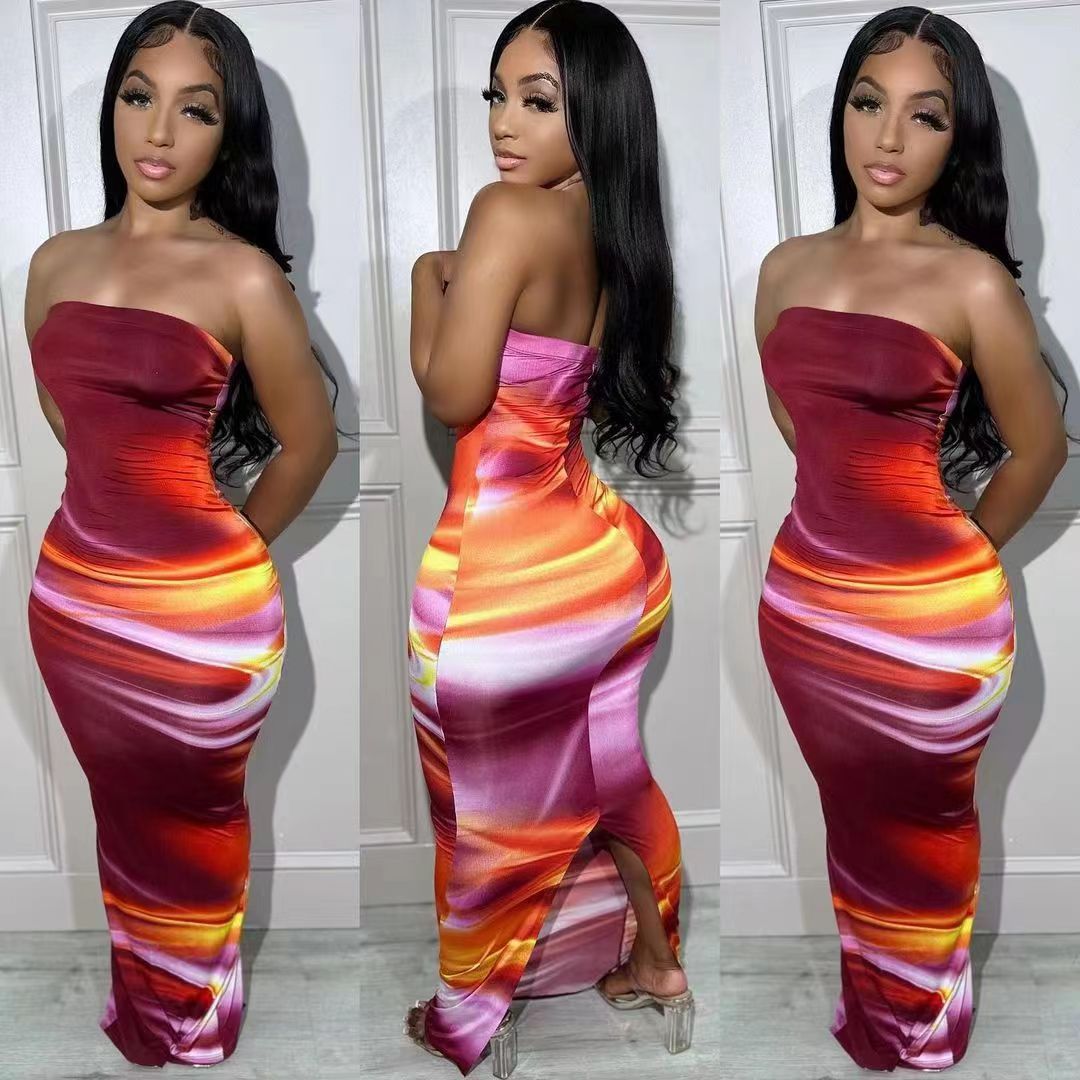 Women's Summer Sexy Off Shoulder Strapless Positioning Print Slit Dress