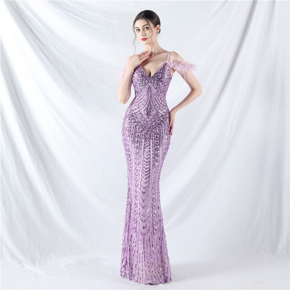 Strap V-Neck Feather Formal Party Evening Dress 19