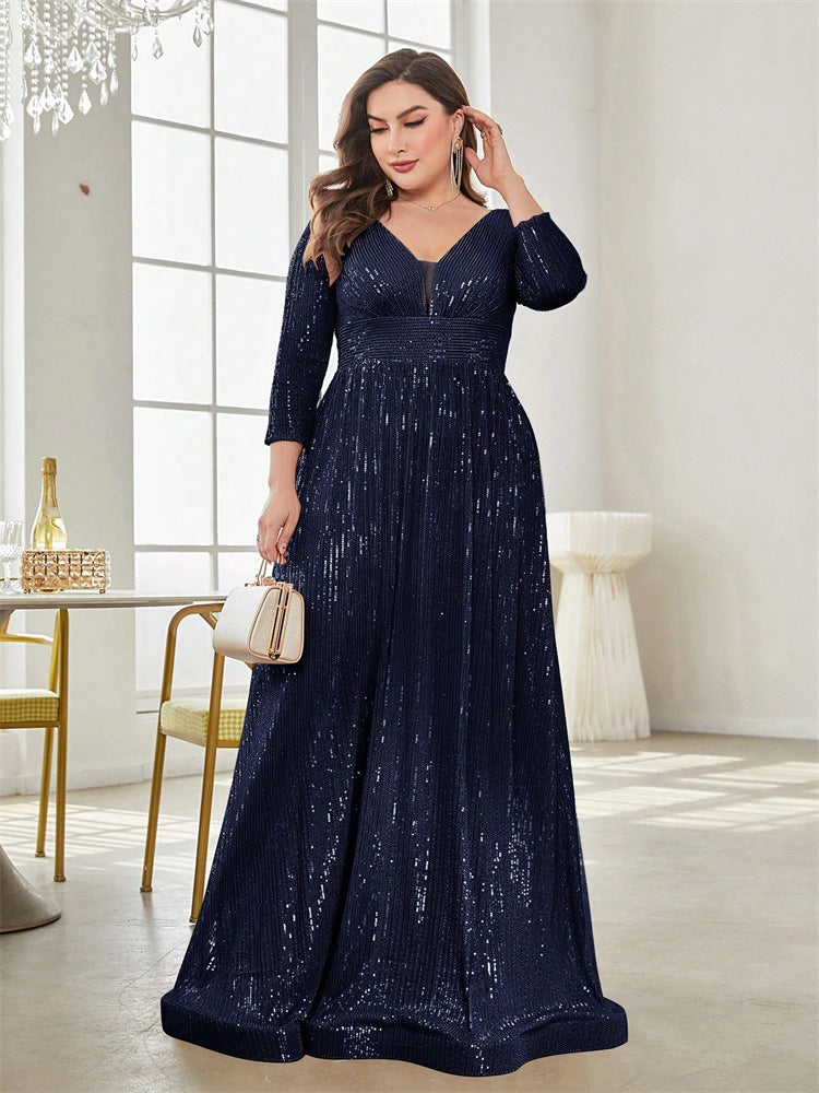 Women Plus Size Sequined Long-Sleeved V-Neck Formal Party Elegant Maxi Dress 6