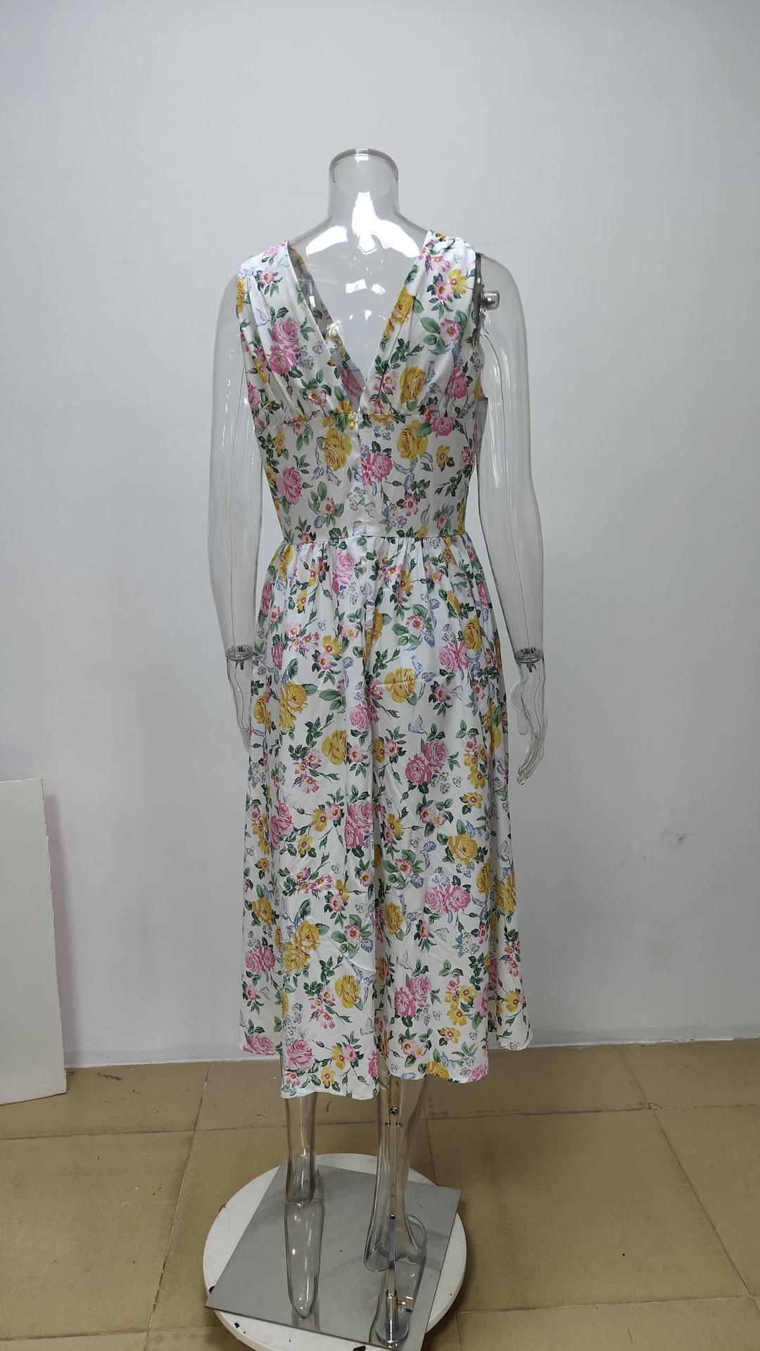 Autumn women's elegant fashion print Strap V-neck high waist Low Back a-line Dress 14