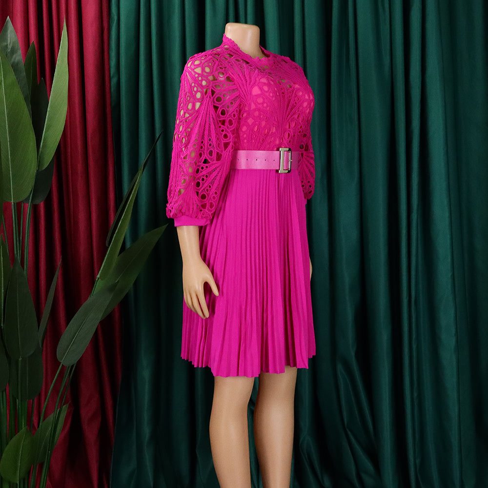 Women'S Chic Solid Color Lace Crochet Cutout Pleated Dress 17
