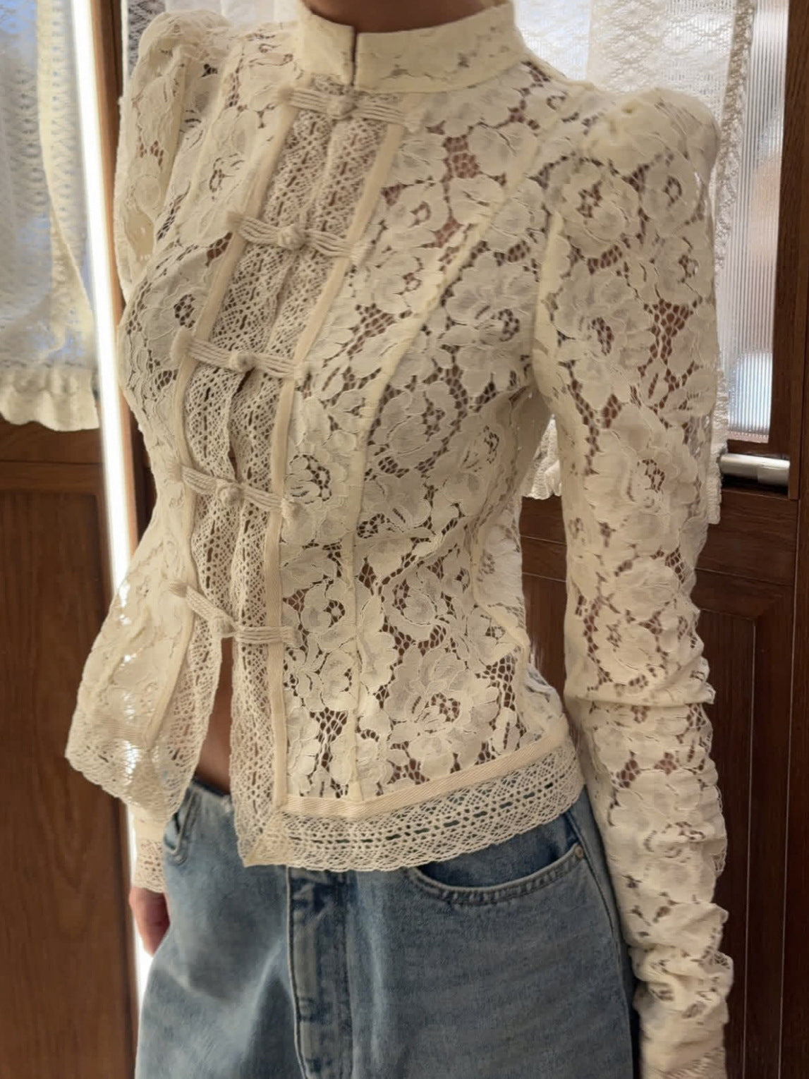 Summer Chic Career Lace Stand Collar Fitted Blouse 6