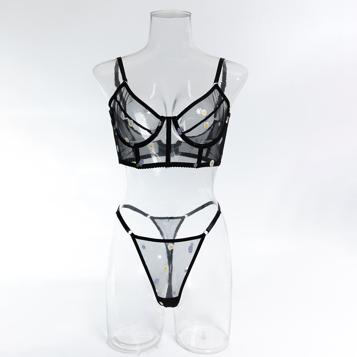 Fashion Black Daisy Embroidered Sexy See - Through Push - Up Lingerie Set - BamBam