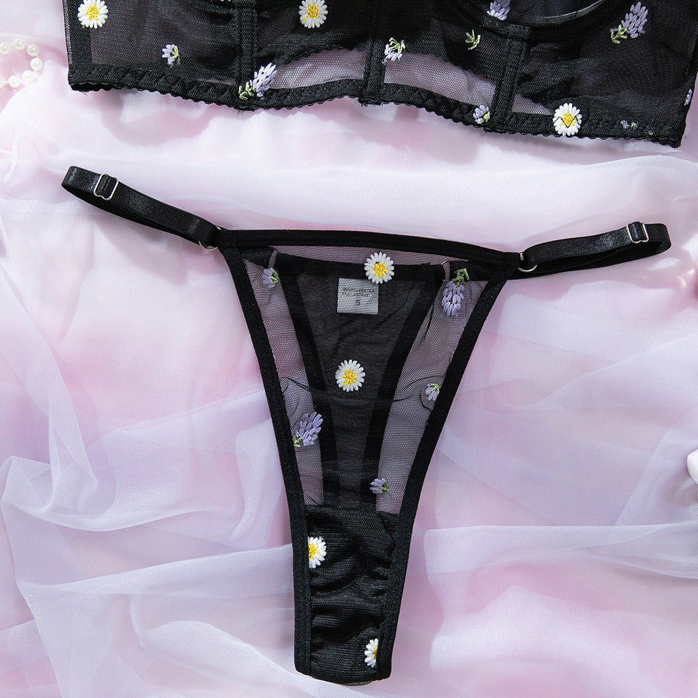 Fashion Black Daisy Embroidered Sexy See - Through Push - Up Lingerie Set - BamBam