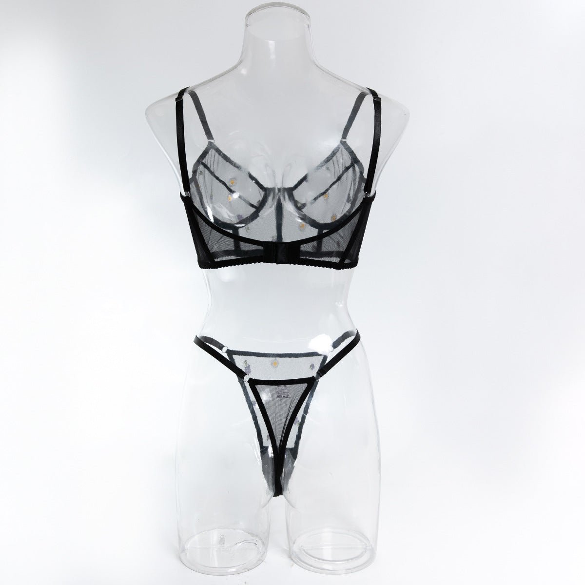 Fashion Black Daisy Embroidered Sexy See - Through Push - Up Lingerie Set - BamBam