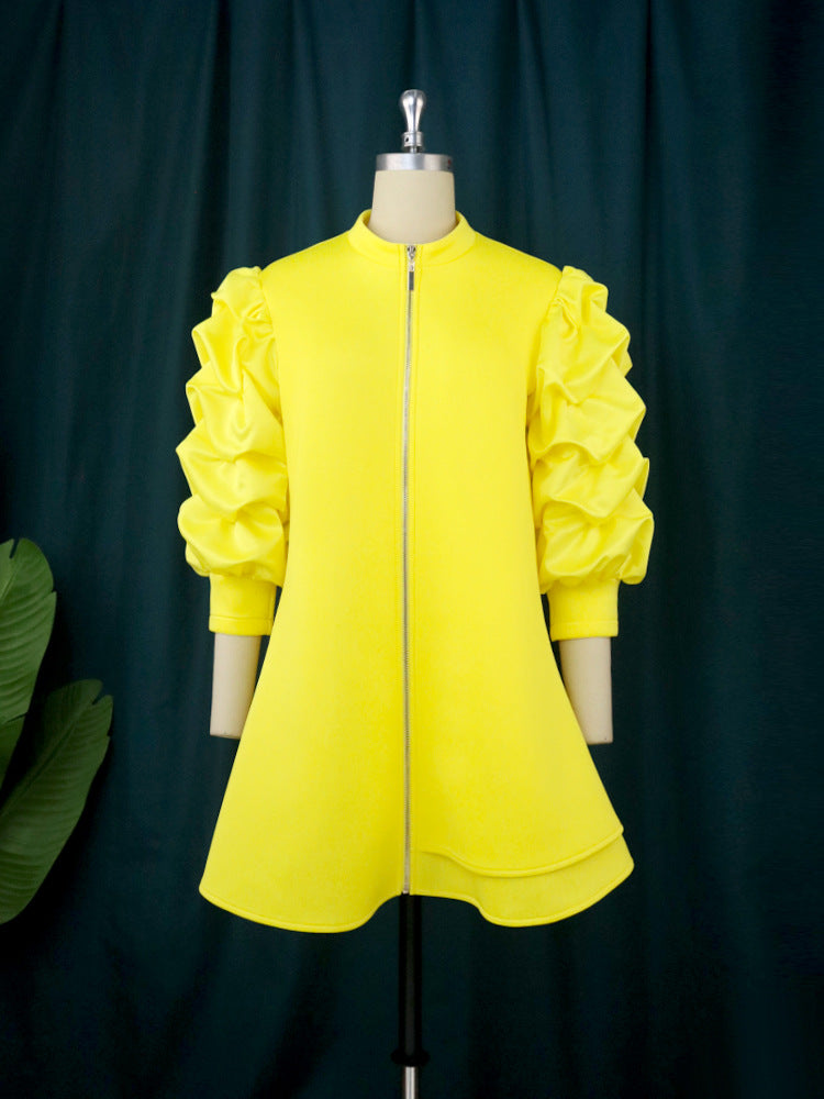 Plus Size Women's Career Stand Collar Pleated Sleeve A-Line Dresses 8