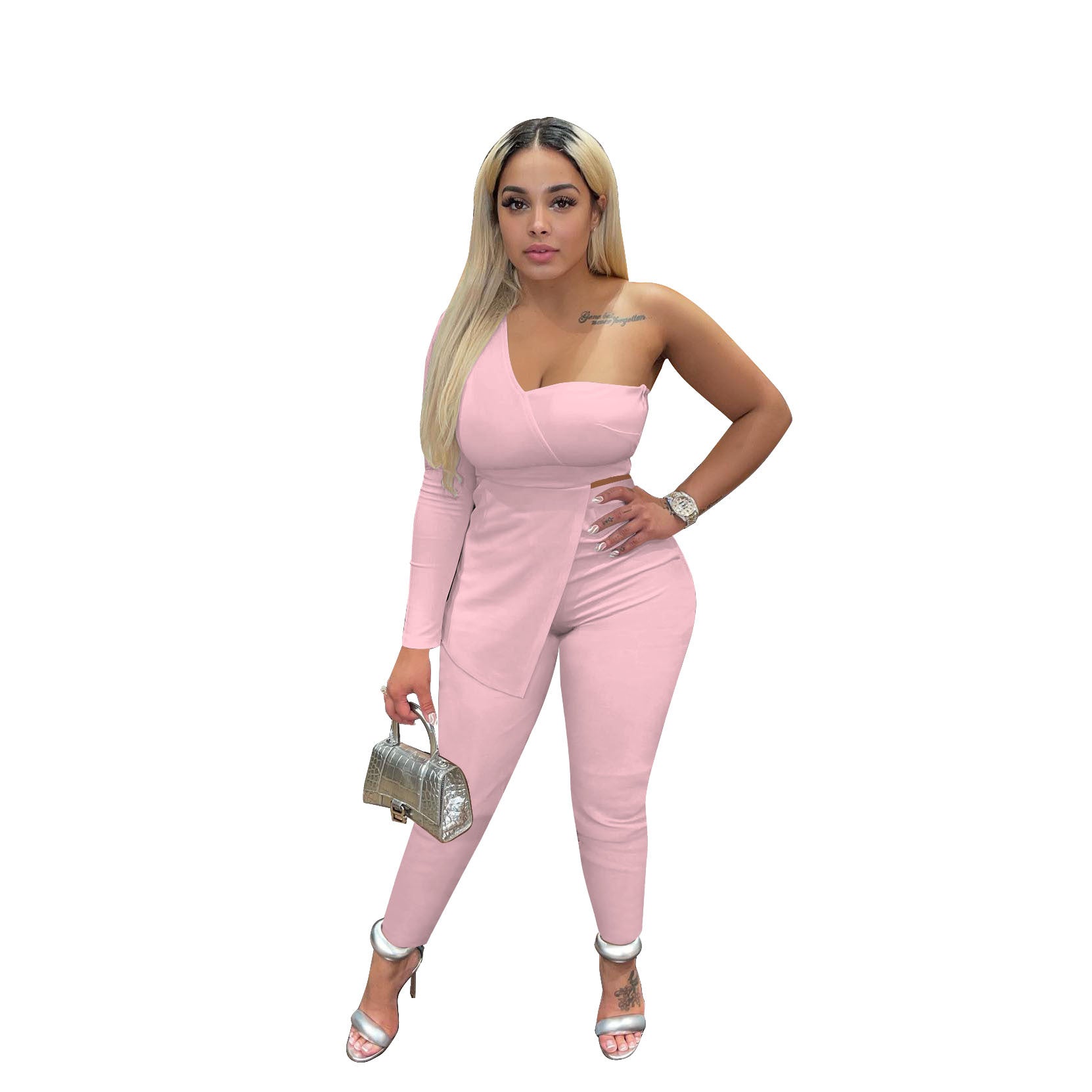 Women'S Fashion Sexy Slash Shoulder One Sleeve Simple Design Two Piece Pants Set 3