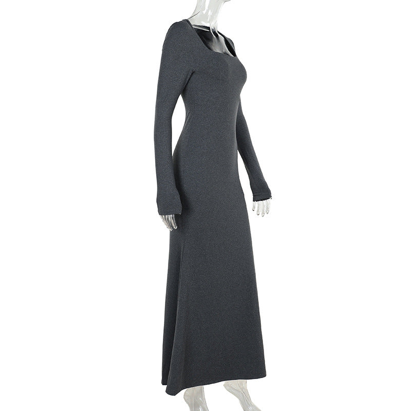 Autumn Solid Color Square Neck Long Sleeve Slim Women Long Dress 6