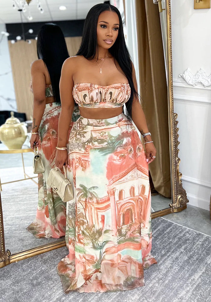 Casual Print Strapless Top High-Waist Chiffon Print Maxi Skirt Two-Piece Set