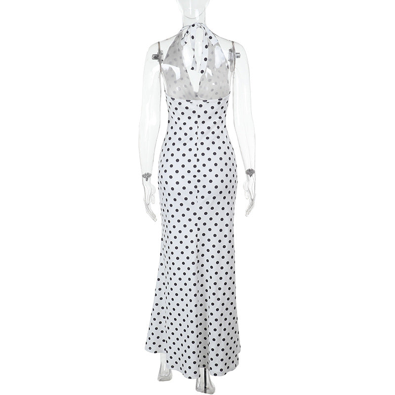 Summer Chic Polka Dot Sleeveless Halter Neck Slim Long Dress 9