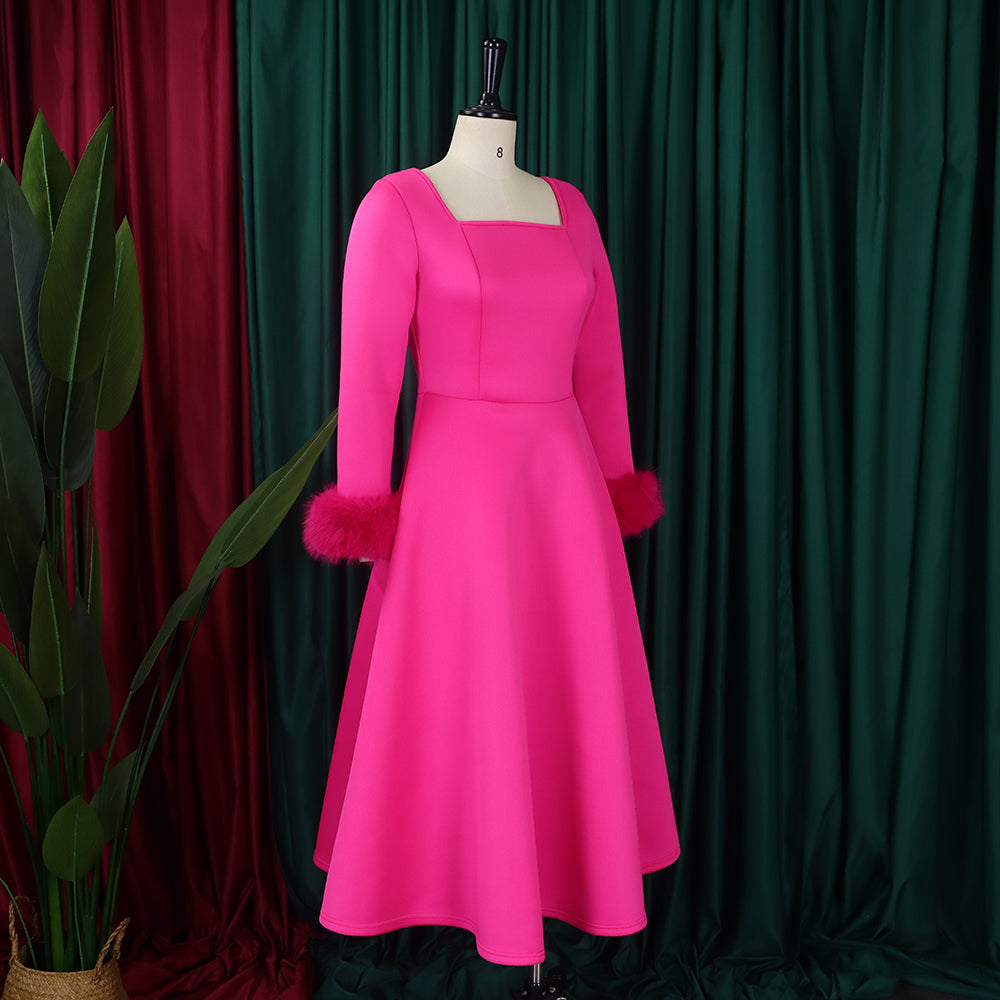 Winter Chic Elegant Fur Decorated Long Sleeve A-Line African Party Dress 17