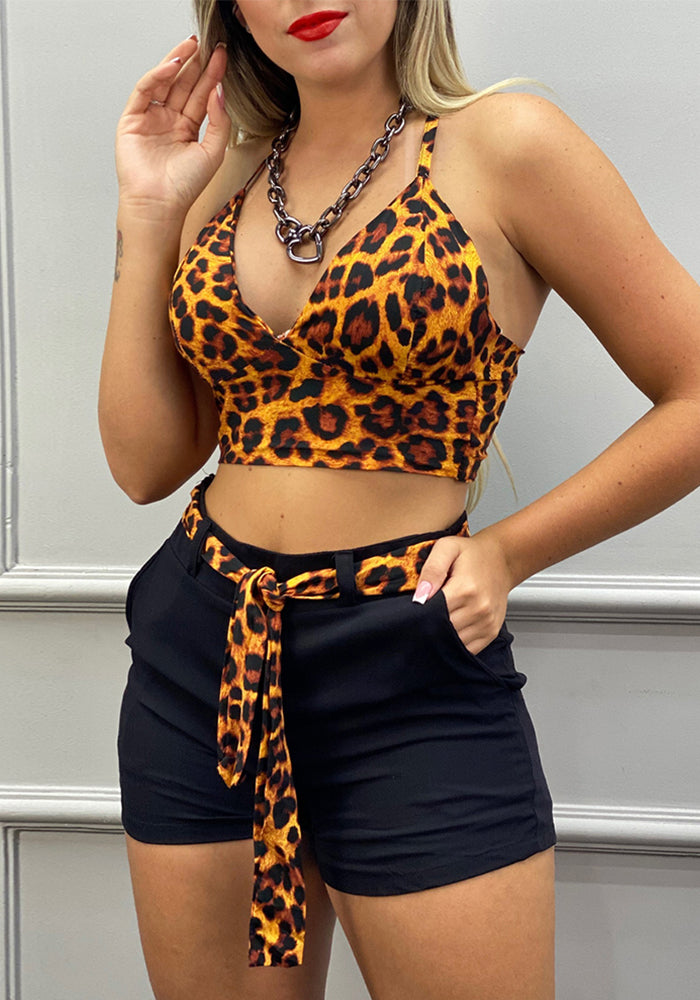 Women Brown Leopard Print Top and Shorts with Lace-up Two-piece Set