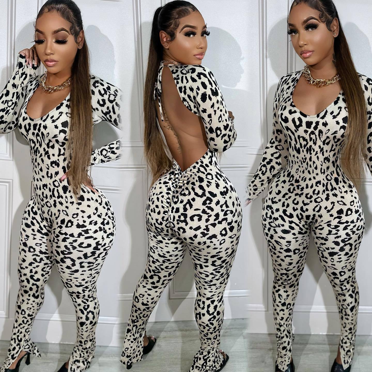Women Casual Backless Leopard Jumpsuit