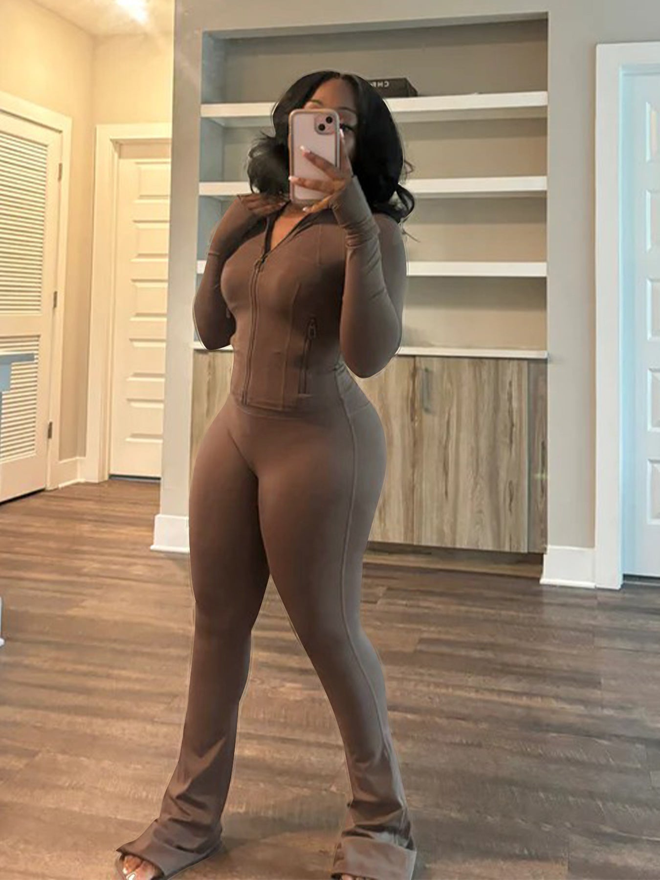 Sports Casual Women's Sexy Tight Fitting Long Sleeve Top Micro Bell Pants Two-Piece Set 10