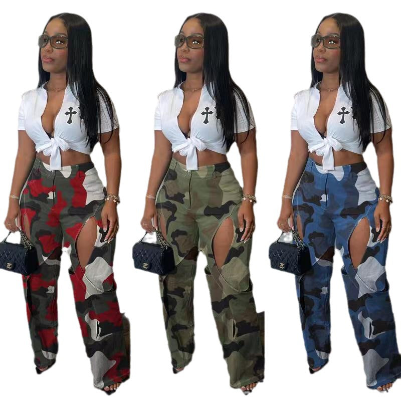 Women Printed Ripped Crossover Cargo Straight Leg Pants 8