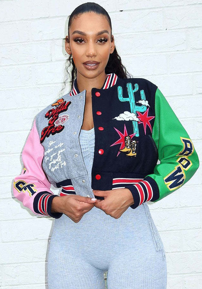 Women's Fashion Casual Printed Ribbed Color Block Button Buckle Baseball Jersey