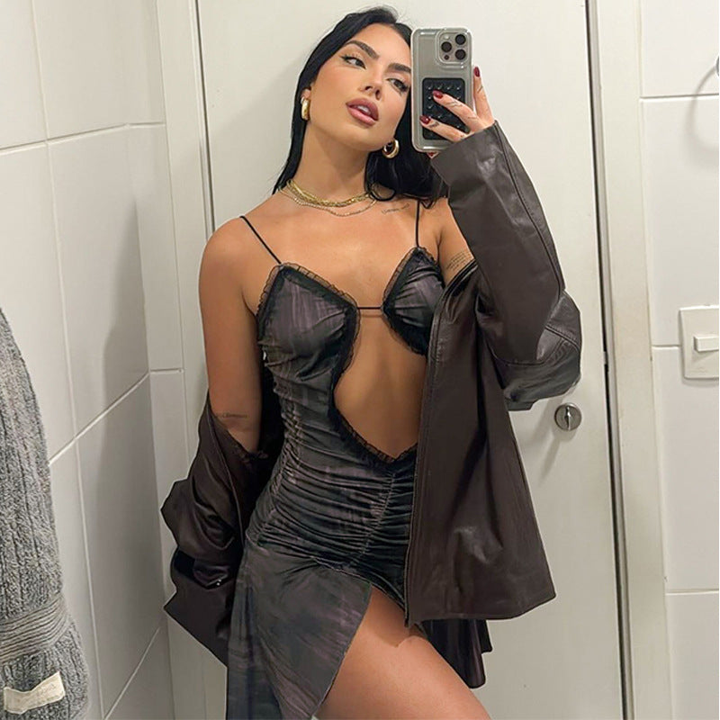 Women's pleated lace sexy hollow Strap Mini Dress 4