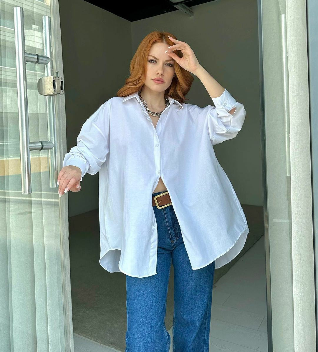 Women Solid Style Long Sleeve Back Slit Loose Shirt 6