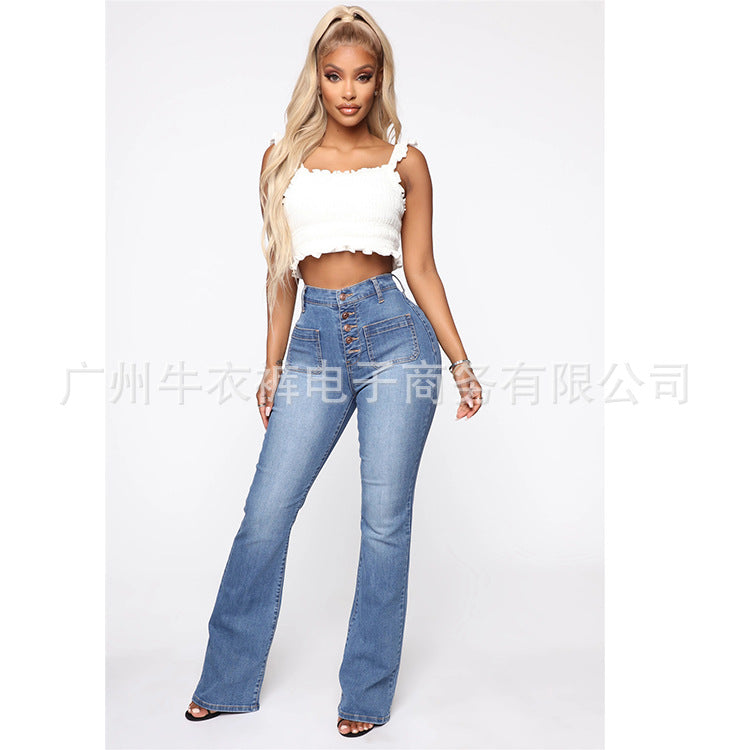 Ladies Fashion Jeans Button Patch Pockets Wash Trousers Denim Pants 4