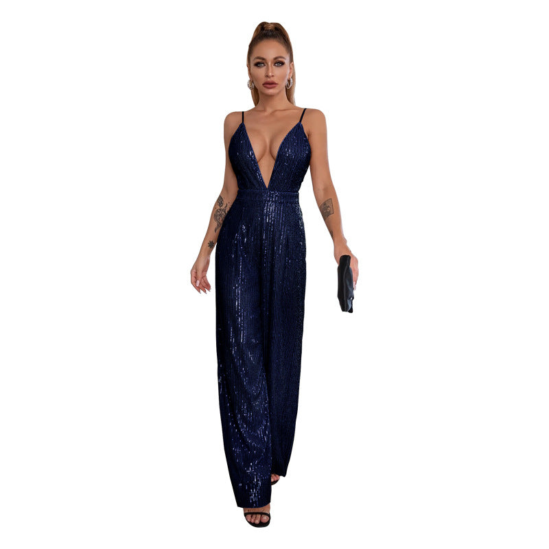 Deep V Neck Low Back Sleeveless Chic Sequined Straps Elegant Women's Party Jumpsuit 30
