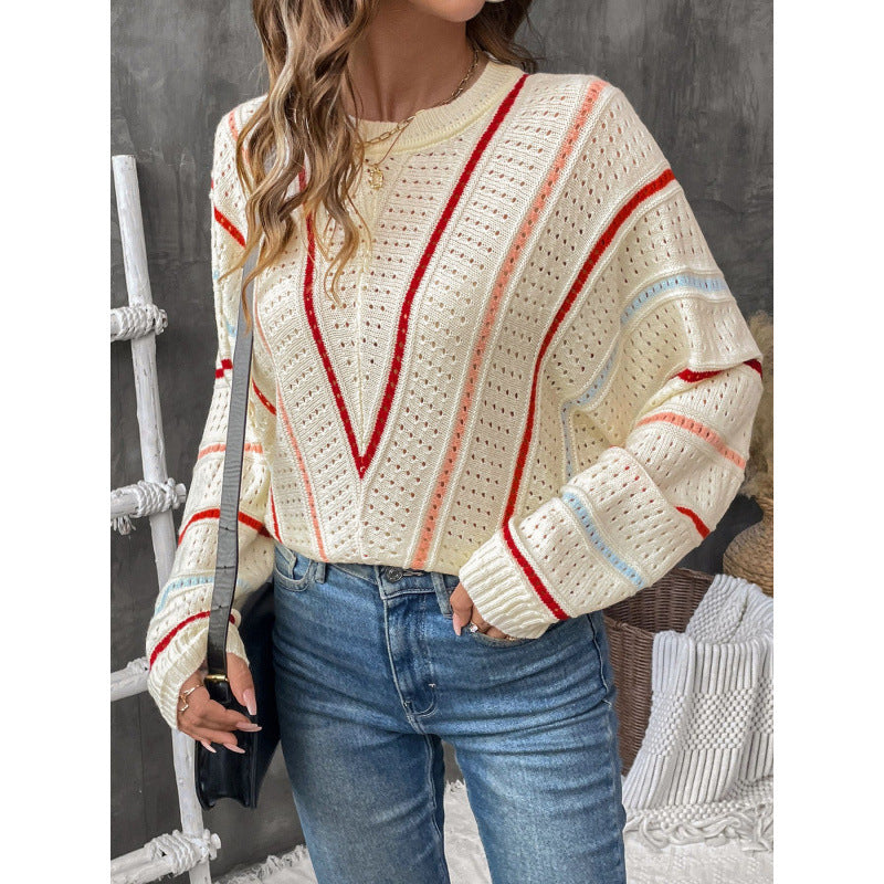 Autumn Winter Multi-Color Striped Sweater Round Neck Pullover Knitting Shirt 4