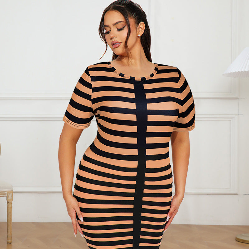 Plus Size Women knitting striped print short-sleeved Round Neck dress 4