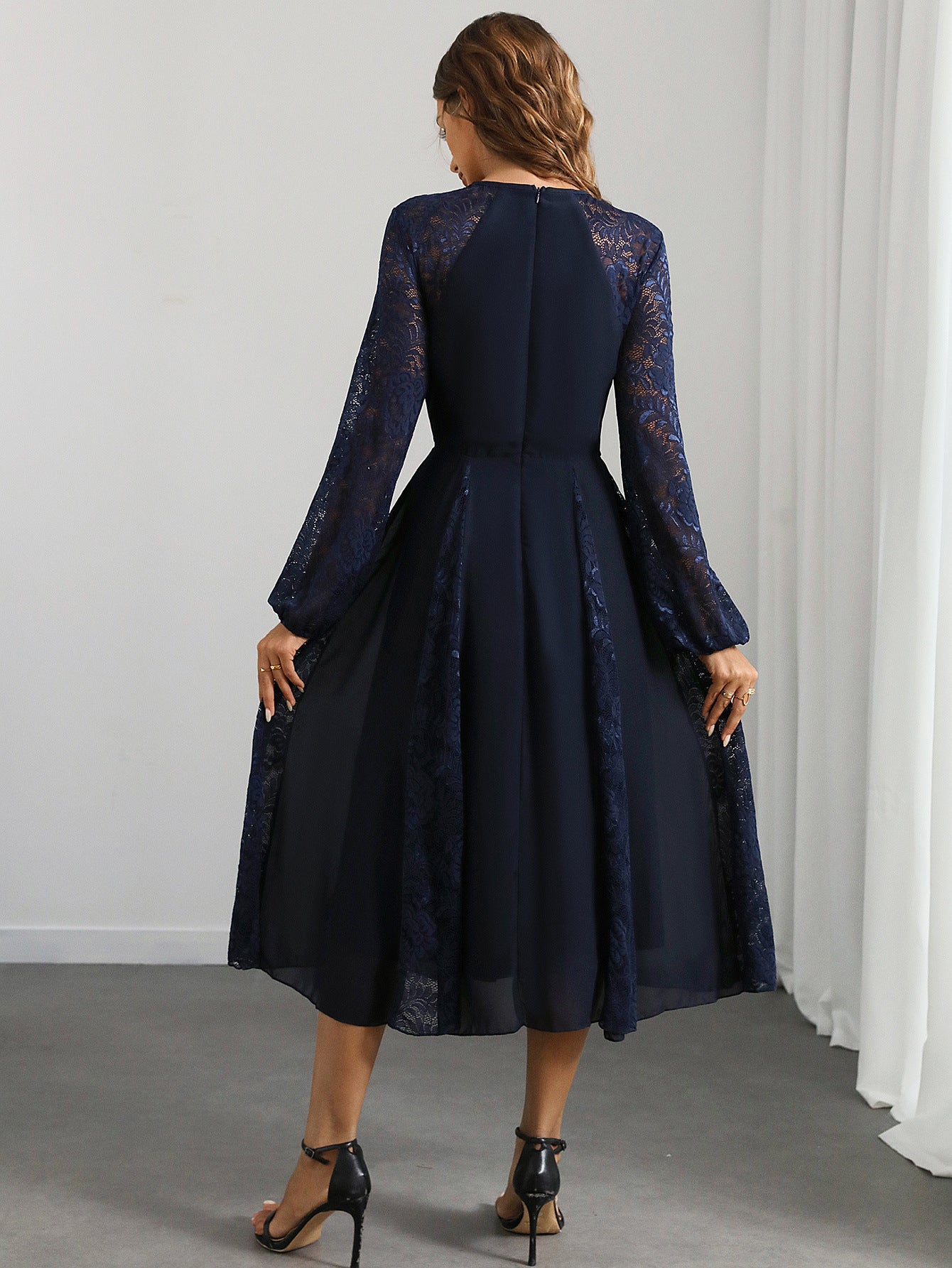 Women Sexy Long Sleeve Chiffon Patchwork Lace Evening Dress 5