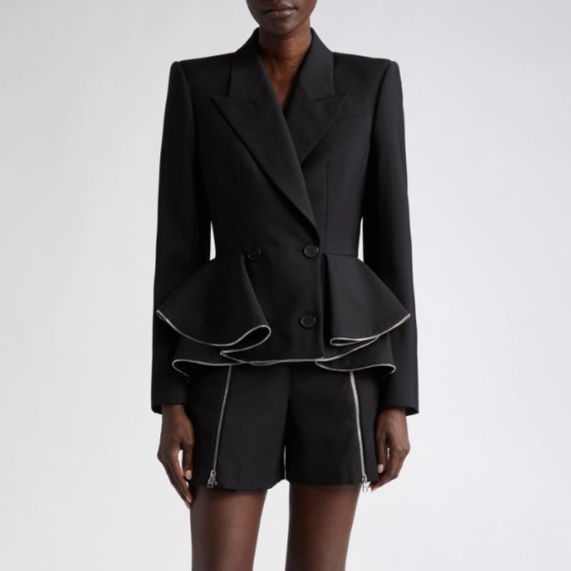 Autumn Chic Career Style Double Breasted Patchwork Ruffle Slim Waist Slim Fit Short Blazer 8