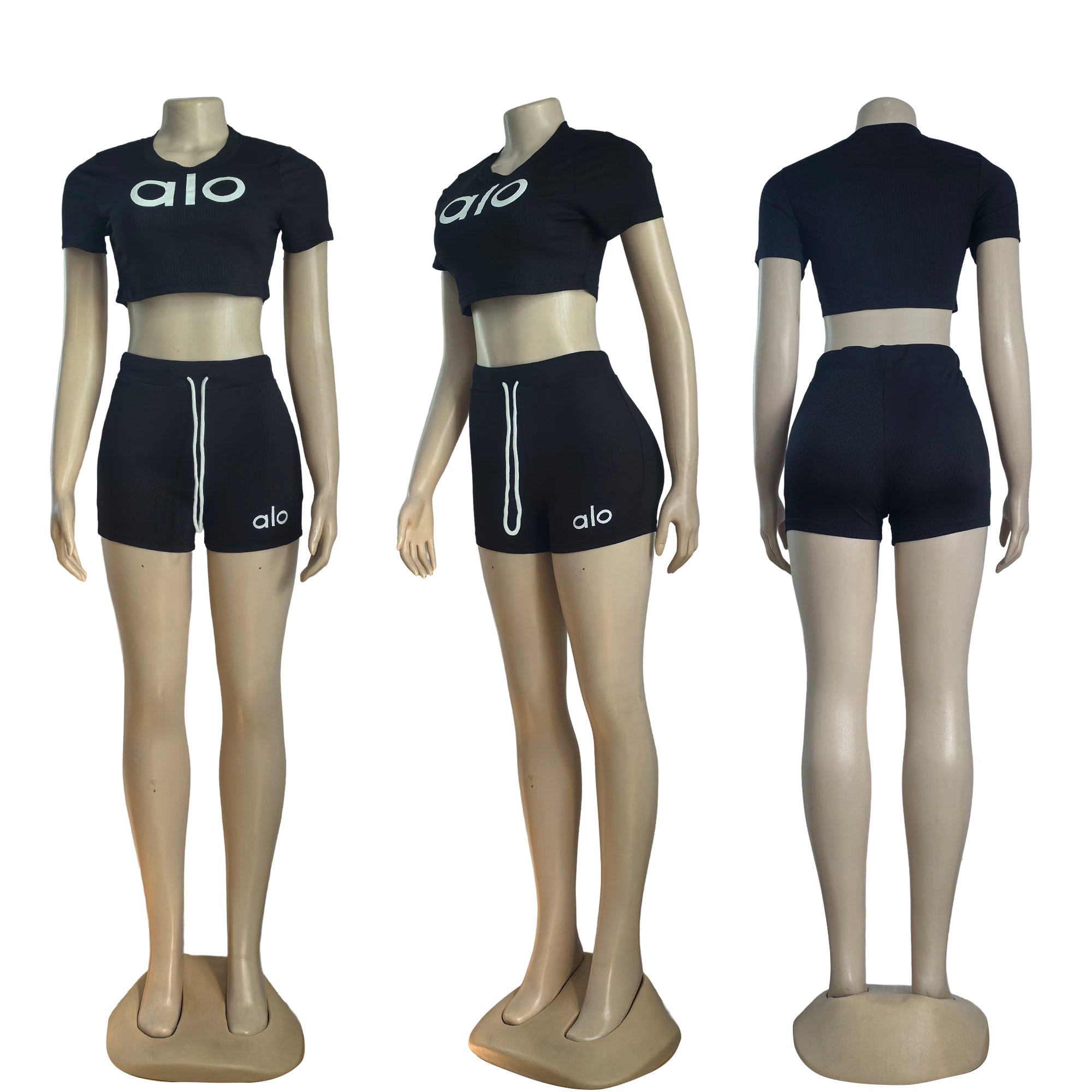 Women summer Stretch Round Neck short-sleeved top and shorts two-piece set 25