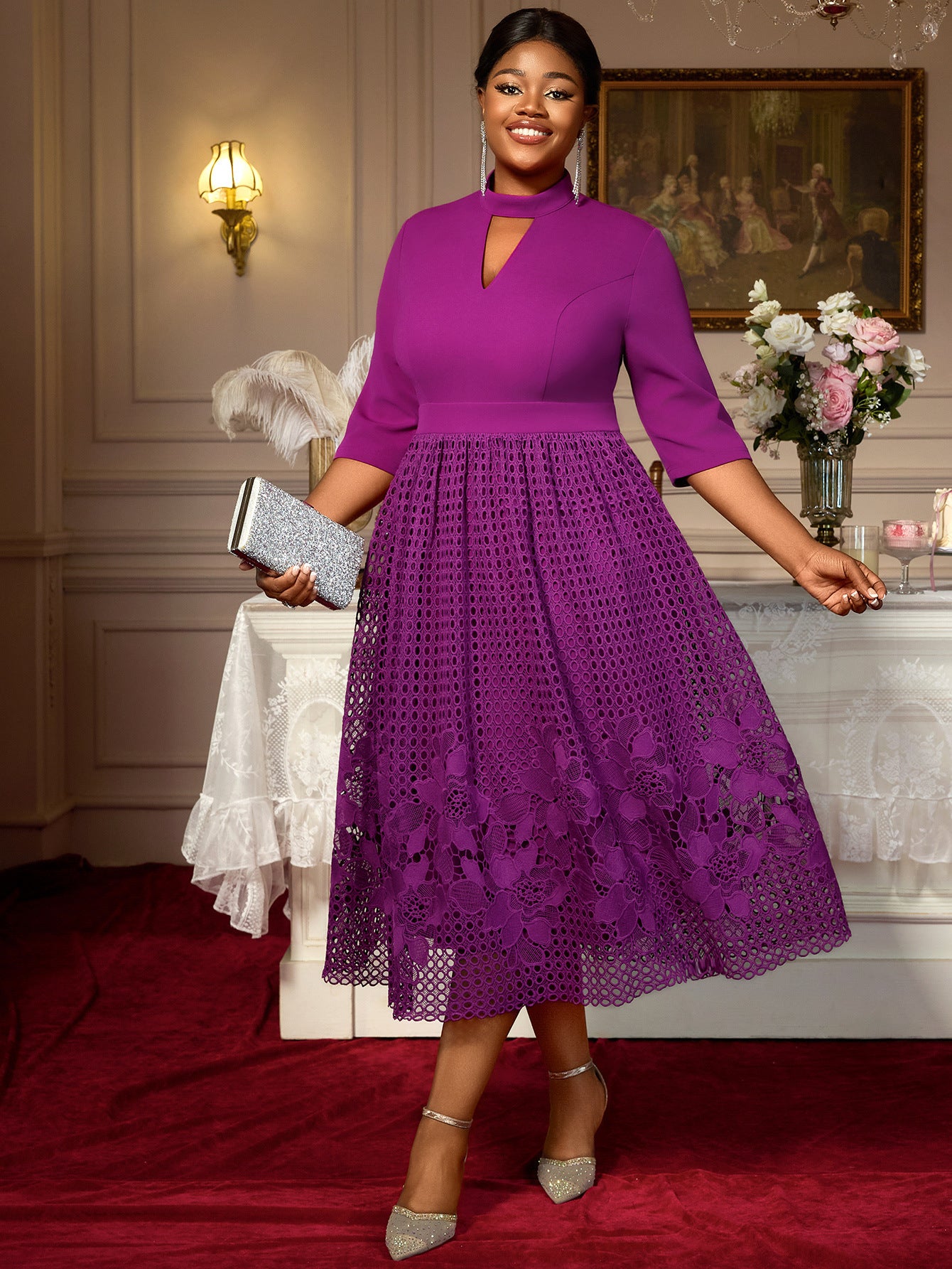 Plus Size Patchwork Lace High-Neck A-Line 3/4 Sleeve Elegant Dress 6