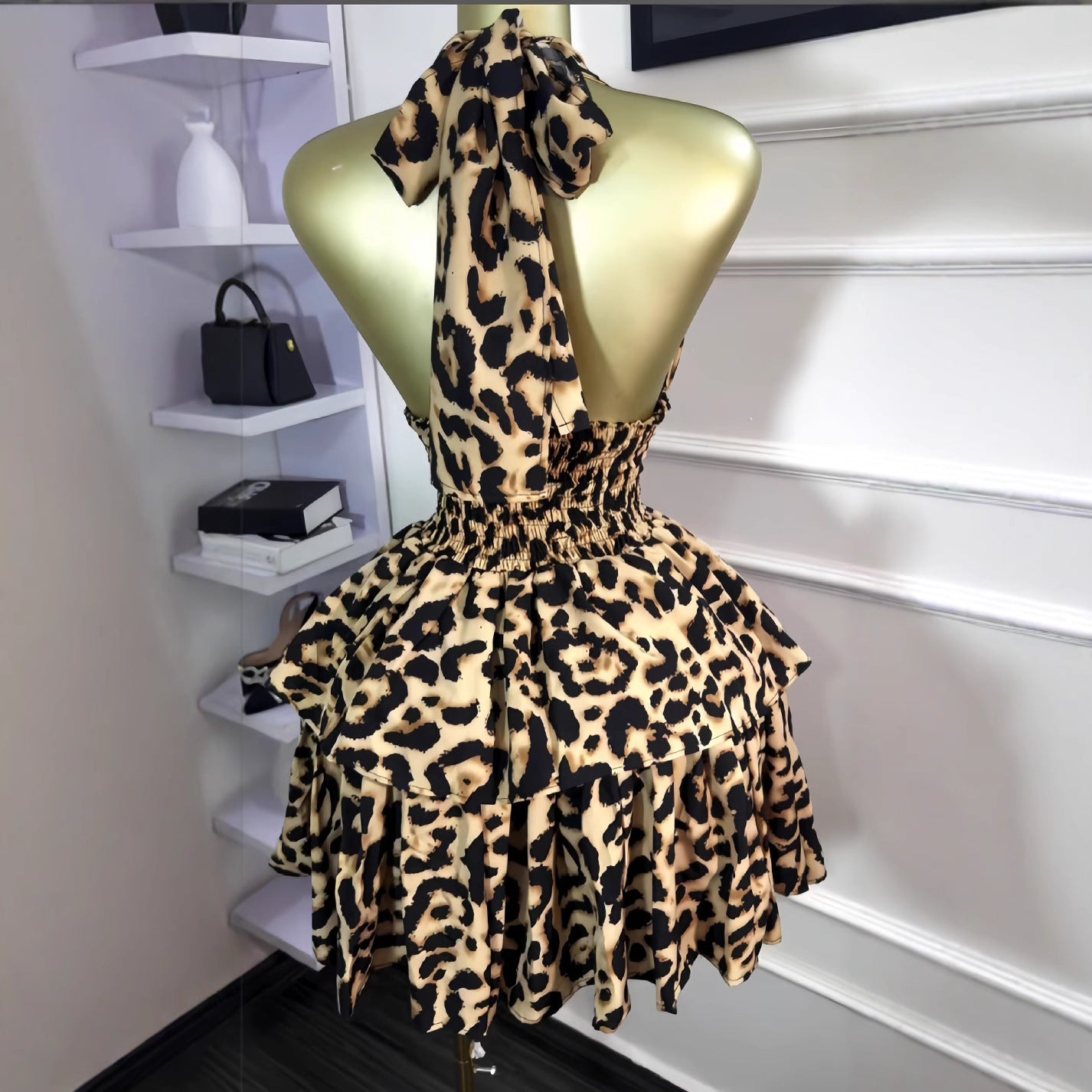 Women Summer Sleeveless Halter Neck Leopard Pleated Puffy Mini Dress 4