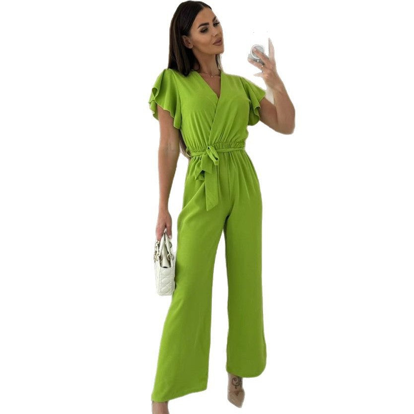 Women V-Neck Ruffle Sleeve Lace-Up Casual Wide Leg Jumpsuit 6