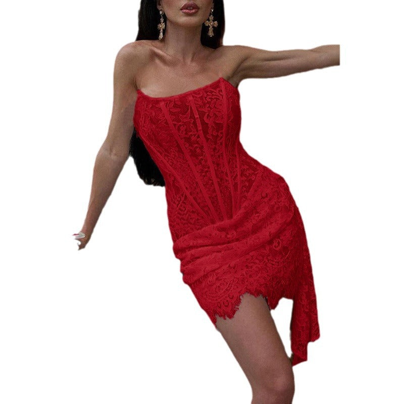 Spring Women's Sexy Lacemesh Strapless Slim Dress 8