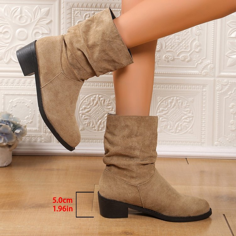 Women Winter Plush Thick Heel Pleated Knight Boots 6