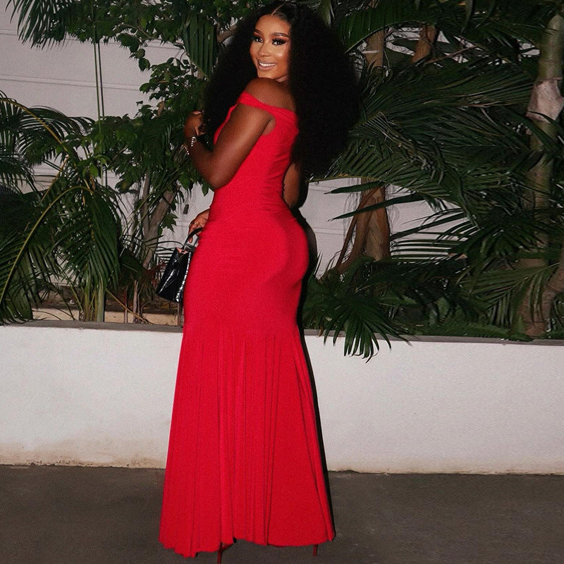 Women Solid Elegant Strapless Zipper Raglan Sleeve Off Shoulder Dress 11