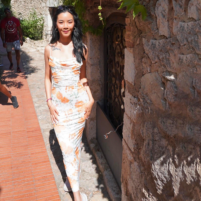 Summer Women's Chic Slim Waist Printed Lace-Up Slim Strap Long Dress 6
