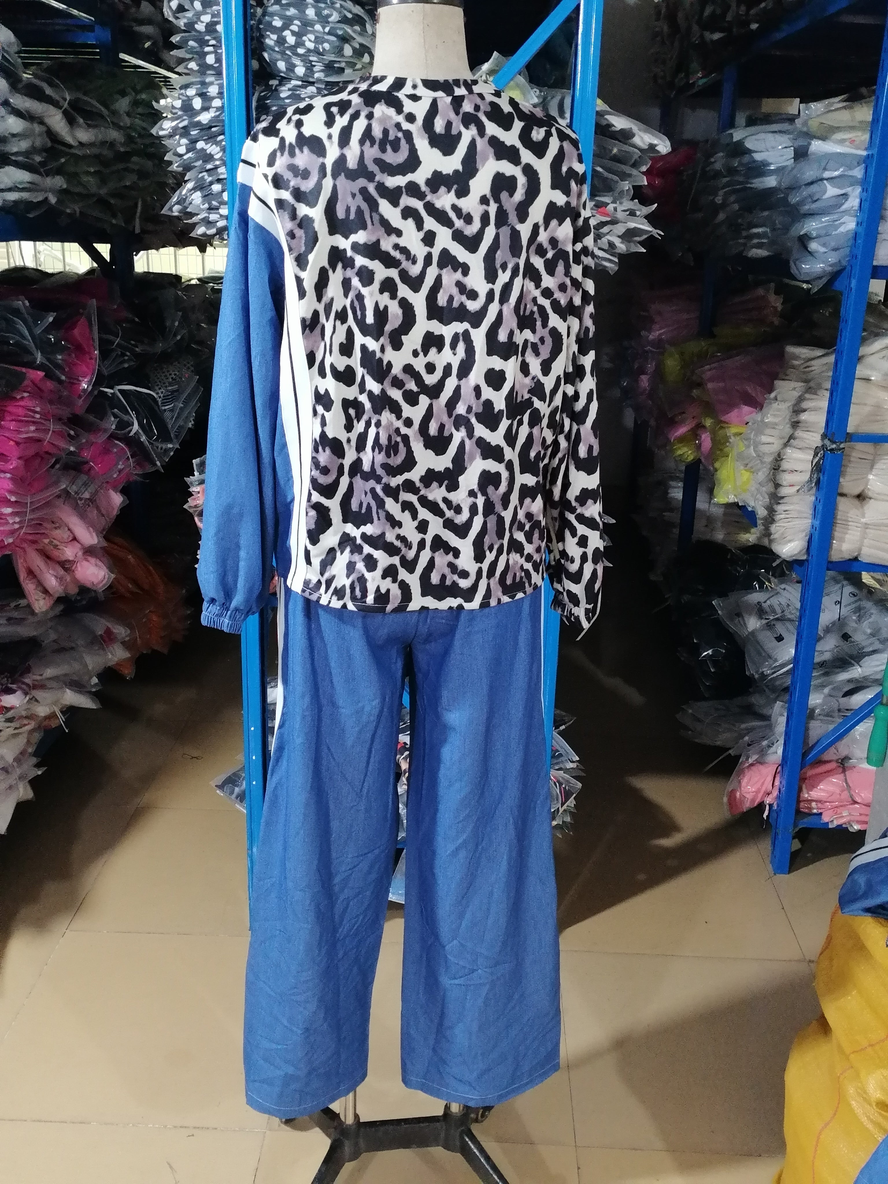 Women Spring and Autumn Leopard Print Striped Colorblock Top and Pants Two-Piece Set 7