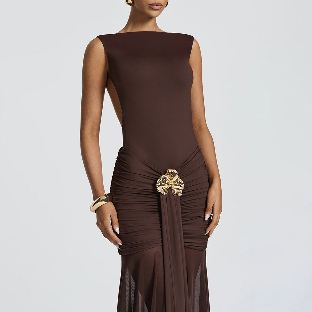 Women's Summer Sexy Solid Sleeveless Low Back Slit Pleated Long Dress 5