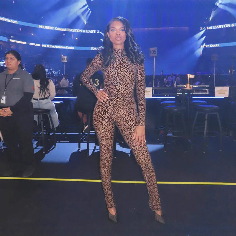 Summer Street Style Leopard Print High Waist Tight Fitting Slim Fit Jumpsuit 3