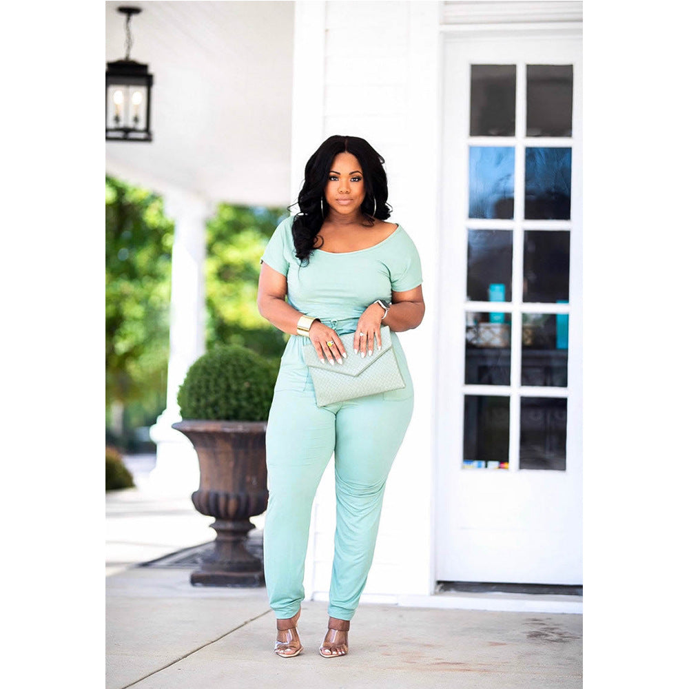 Women Summer Off Shoulder Pocket Short Sleeve Jumpsuit