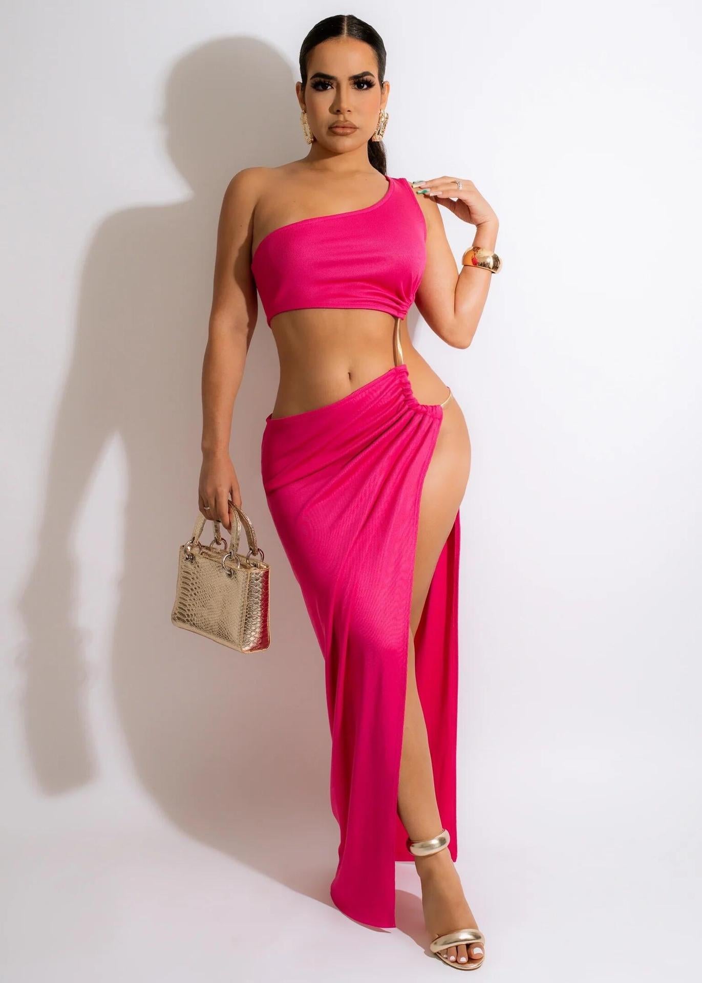 Women Sexy Pillar Chest Covered Slit Open Waist Back Dress