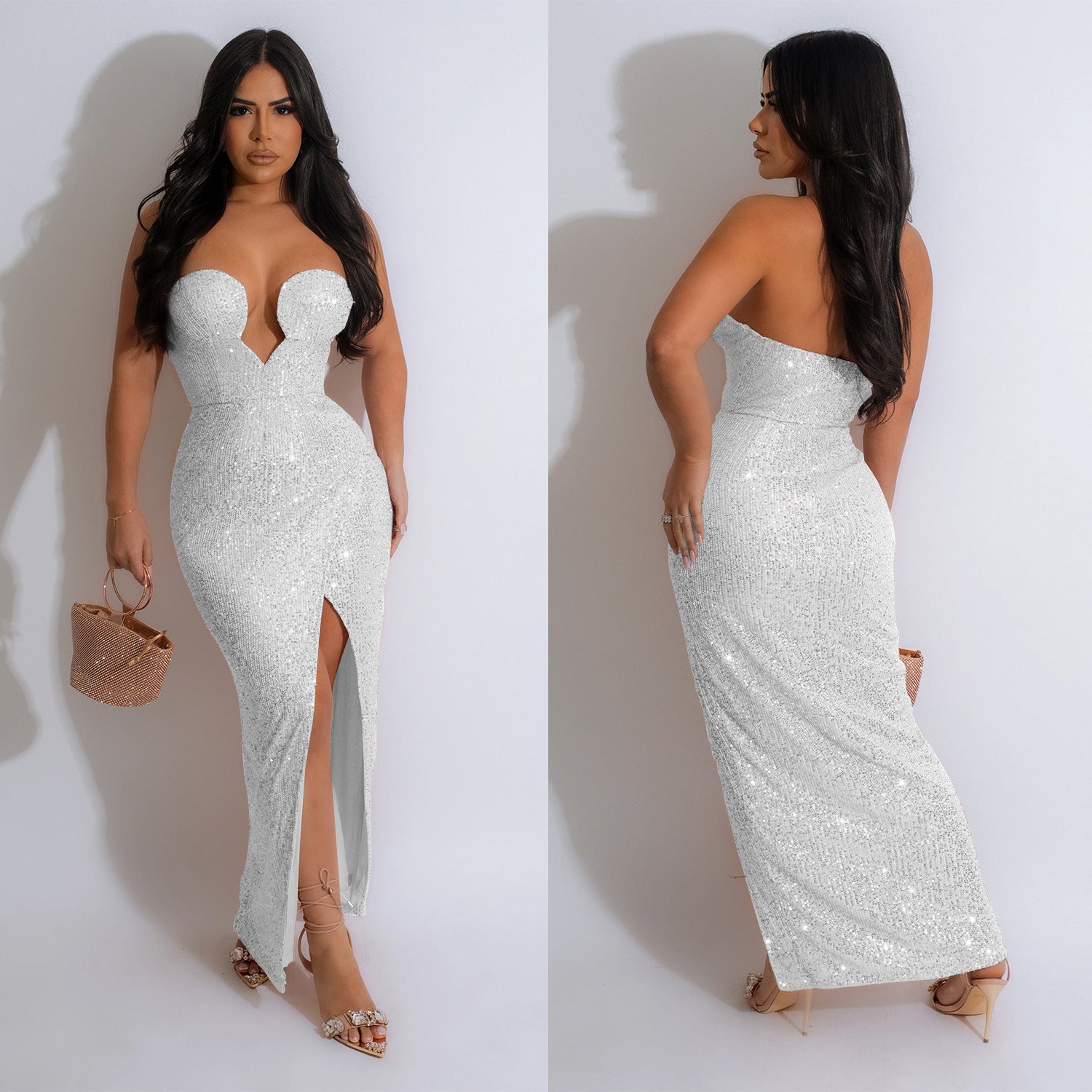 Fashion Women's Solid Color Sexy Sequin Low Back Long Dress 6