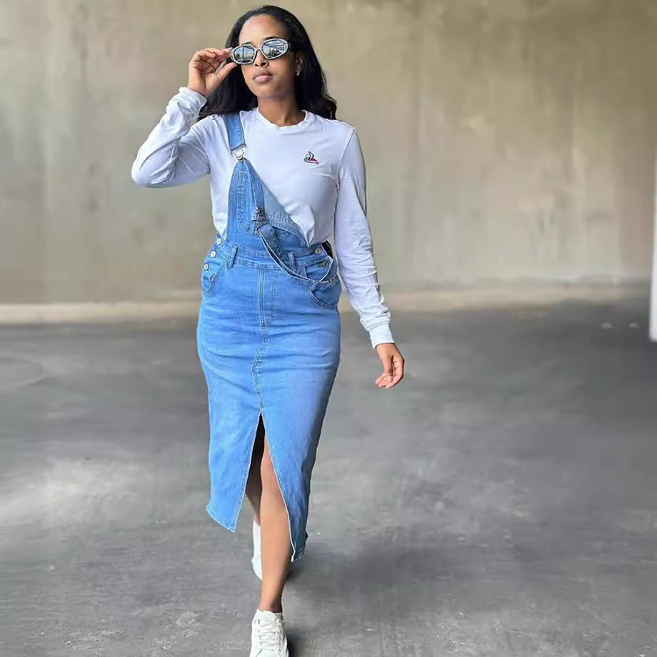 Women Street Pocket Slit Denim Suspender Skirt 5